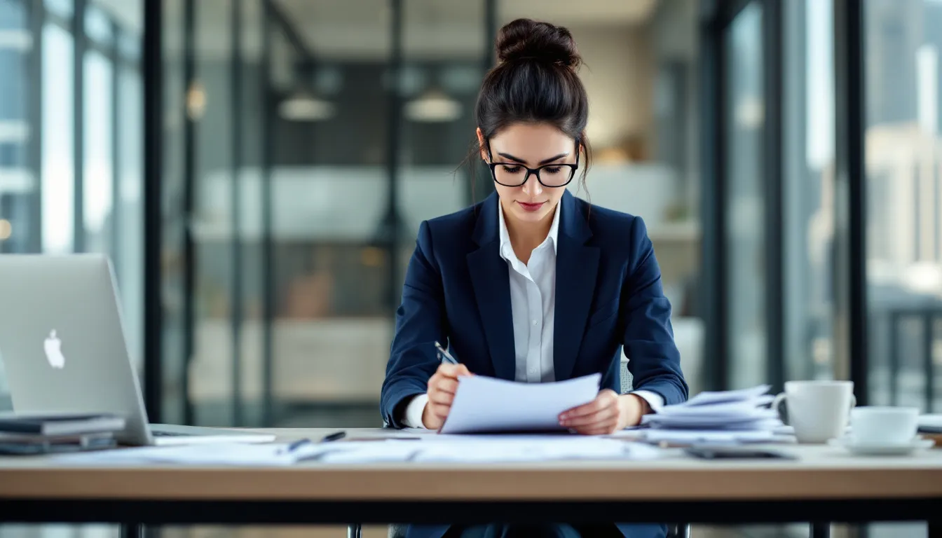 A professional person sits at a desk, looking thoughtful while reviewing career documents, reflecting on their current position and career prospects in a cooling job market. This scene captures the essence of career development and the balance between job hugging and job hopping for professional growth.